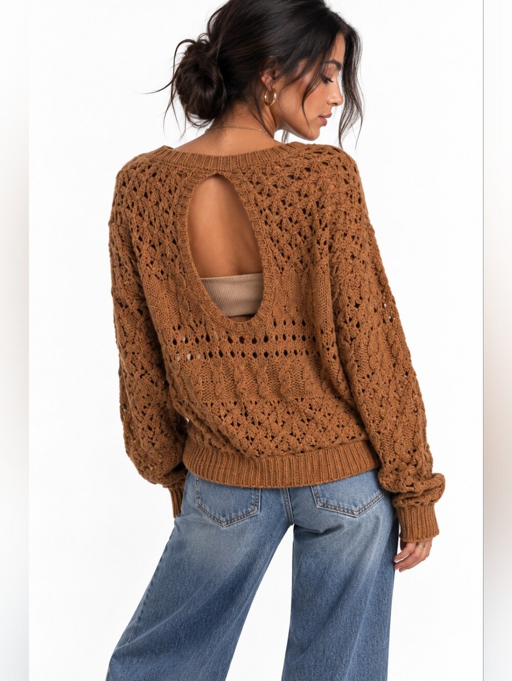 Saltwater Luxe Open Knit Cutout Back Sweater Brown Size L